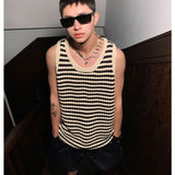 Summer New Niche Knitted Hollow Striped Vest Men Spaghetti Straps O-Neck Casual Loose Retro Couple Knit Sweater Vest