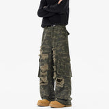 Ripped Camo Jeans Men 2025 New Loose Straight Leg Denim Pants Outdoor Hiking Trousers Casual Comfort Street Style Fashion
