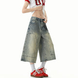 Jeans Men Washed Denim Cropped Pants Patchwork Design Summer Cool Wide Leg Breathable Jeans Casual Fashion Lightweight Trendy