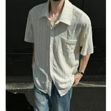 Rice White Hollow Out Shirts for Men Handsome Lapel Blouse Ice Silk Sexy Fashion Men Clothing Male Mesh Short Sleeve Shirts