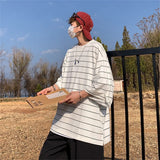 Black Summer Korea T-Shirt Men Funny Harajuku Tshirt Streetwear Femme Striped Japan O-Neck Loose Half Sleeve T Shirts Male