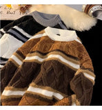 American autumn and winter street fashion personalized jacquard round neck pullover for couples loose retro color blocked knit