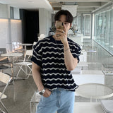 Summer Men's Clothing Luxury Striped O Neck Knitted T Shirt Retro Half-sleeved Korean Popular Knitwear Leisure Hollow Out Tees