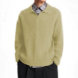 New American Retro Men Polo Sweater Luxury Trendy Jacquarded V Neck Knit Solid Color Pullover Leisure Loose Long Sleeve Knitwear