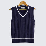 Striped White Knitted Sweaters for Men Blue Sleeveless Man Clothes V Neck Vest Red Waistcoat Jumpers Sweat-shirt Cigaret Cotton