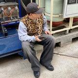 Men Leopard Print Vests Spring Fashion V-neck Paper Clip Simple Sleeveless Loose Simple Casual Streetwear Male Waistcoats