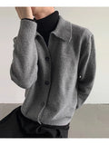 New Korean Fashion Men Cardigan Jacket Light Luxury Knitted Polo Neck Long Sleeve Sweater Coat Casual Retro Solid Color Knitwear