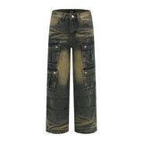 Spring and Autumn Trendy Street Personality Straight Tube Multi Pocket Work Clothes Jeans Couple Loose Retro Casual Pants y2k