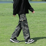 Autumn New Men's Fashion Korean Wide Leg Jeans Camouflage Patch Pocket Loose Straight Trousers Elastic Waist Pants Male
