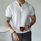 New Fashion American Style Men T-shirt Light Luxury Knitted Henry Collar Tees Casual Solid Color Short Sleeve Breathable Tops