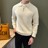 Autumn Casual Men Polo Sweater Light Luxury Zip-up Solid Color Long Sleeve Knitted Pullover Daily Commuting Basic Knitwear M-3XL