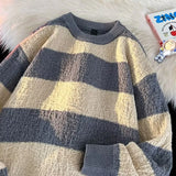 Striped Sweaters Men Fashion Loose Casual Autumn Winter Round Neck Panelled Couple Japanese Style Unisex Streetwear Knitting
