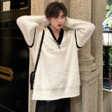 V-neck Men Pullover Sweater Korean Trendy Pleated Contrast Color Baggy Male Knitting Pullovers Spring New Chic
