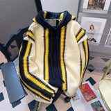 Korean street style men and women trendy color blocked striped hooded sweater for couples autumn and winter loose retro casual