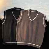 Sweater Vest Men Spring V-neck Japanese Vintage Striped College Knitted Fashion Loose All-match Ins Sleeveless Simple Clothing