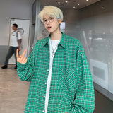 Harajuku Long Sleeve Plaid Shirts Men Autumn Loose High Street All-match Shirt Gentleman Camisa Check Tops Stylish 5XL-M