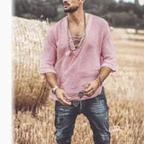 Men's T-shirt Short Sleeve Chest Lace-up T-shirt Loose Top Summer V-Neck Medieval Tunic Top