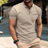 Men's Henry Collar Cotton Short Sleeve T-shirt Casual Solid PoIo Shirt Male Cozy Tees Slim Fit Dailywear Button Up Basic Tops