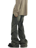 American street trend retro yellow mud washed jeans men high street patchwork irregular design drape feeling micro flared pants