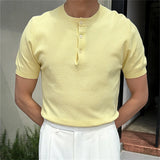 New Men Luxury Henry Collar T-Shirt Leisure Slim Button-down Solid Color Short Sleeve Tops Italian Style Summer Breathable Tees