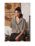 New Japanese Chic Men Shirts Light Luxury Striped Cuban Collar Half Sleeve Cardigan Summer Trendy Leisure Breathable Tops M-3XL