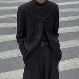 New Chinese Style Suit Men's Niche Design Traditional Button Stand Collar Jacket Black Straight Wide Shoulder Coats Ruffian Cool