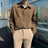 Autumn Korean Fashion Brown Shirt Men Long Sleeve Lapel High-end Mature England Style Casual Loose Pocket Inner Shirts for Men