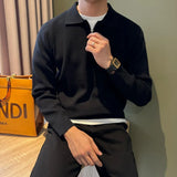 Autumn Casual Men Polo Sweater Light Luxury Zip-up Solid Color Long Sleeve Knitted Pullover Daily Commuting Basic Knitwear M-3XL