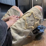 Star Patchwork Yellow Clay Color Jeans Summer Men Denim Shorts Trendy Streetwear Five-point Pants Straight Jeans Shorts