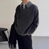 New American Chic Polo Neck Men Sweater Light Luxury Fake Two Piece Knit Pullover Trendy High Quality Long Sleeve Knitwear M-2XL