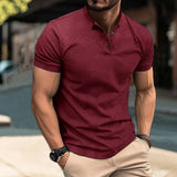Men's Henry Collar Cotton Short Sleeve T-shirt Casual Solid PoIo Shirt Male Cozy Tees Slim Fit Dailywear Button Up Basic Tops