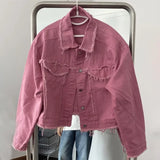 Niche Frayed Retro Denim Jacket High Street Workwear Jean Coats for Men Loose Short Casual Outwear Pink Trendy Men's Clothing