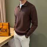 Autumn Casual Men Polo Sweater Light Luxury Zip-up Solid Color Long Sleeve Knitted Pullover Daily Commuting Basic Knitwear M-3XL
