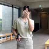 Summer Men's Clothing Luxury Knit V Neck Short-sleeved T Shirt Solid Color Leisure Korean Popular Streetwear Retro Knitwear