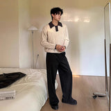Winter Men's Trending Knitted Lapel Sweater Light Luxury Leisure Patchwork Long Sleeve Pullover Japanese Retro Loose Knitwear