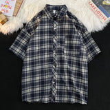 Plaid Shirts Men Preppy Summer Thin Harajuku Breath Baggy Korean Fashion Vintage Clothes Camisas De Hombre Handsome All-match