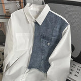 Japanese High-end Denim Jacket Spliced Long-sleeved Shirt Men's Niche Design Sense High Street Couple Loose Casual White Shirt