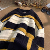 Vintage Striped Sweater Men's Book Winter Contrasting Lazy O-neck Knitted Sweater Youth American Base Pullover Men Clothing