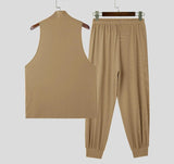 Men Sets Solid Color Streetwear Turtleneck Sleeveless Tank Tops & Drawstring Pants 2PCS Fashion Men's Casual Suits