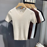 Men  Summer New V Neck Knitted T-Shirts Men Clothing Slim Fit Casual Tops Male Short Sleeve Tee Shirt  Streetwear N02