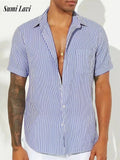 Spring Summer New Casual Shirts Mens Fashion Buttoned Turn-down Collar Striped Shirt For Men Vintage Loose Cardigan Tops