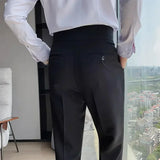 Men Suit Pants Solid Color Slim Fit Spring Autumn Streetwear Elastic Waist Straight Pants Male Business Office Formal Trousers