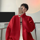 Sweater Jacket Knitted Zipper Cardigan Sweater Stand Collar Solid Color Long Sleeve Thickened Outerwear Casual Sweater Coats Top