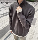 High Collar Men Winter Lambs Wool Cardigan Casual Loose Gray Zipper Knitted Sweater Fashion Contrast Long Sleeve Man Jumper New