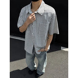 Summer Short Sleeved Shirt Men Fashion Pocket Casual Shirt Men Streetwear Korean Loose Black Striped Shirt Mens Plus Size 5XL