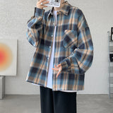 Long Sleeve Plaid Shirts Men Autumn Casual Loose Harajuku Vintage High Street Daily All-match Gentleman Camisa Plus Size 5XL-M
