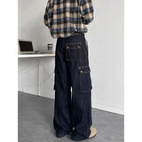 Harajuku Vintage Dark Blue Cargo Pants Jeans men Multi-pockets Male Loose Straight Denim Pants Four Seasons Trousers Streetwear