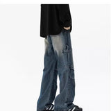 American spring and autumn large pocket straight leg workwear jeans for men and women high street loose retro casual pants y2k