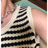 Summer New Niche Knitted Hollow Striped Vest Men Spaghetti Straps O-Neck Casual Loose Retro Couple Knit Sweater Vest
