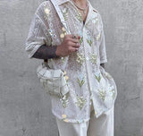 Stylish Casual Style Tops Men's See-through Tracery Printing Pattern Blouse Male Hot Selling Short Sleeved Shirts S-5XL